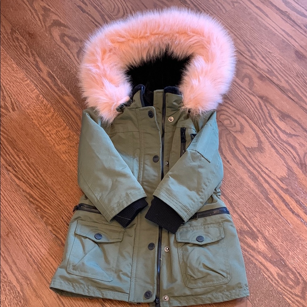 Green and Pink Parka with Plush Fur Hood